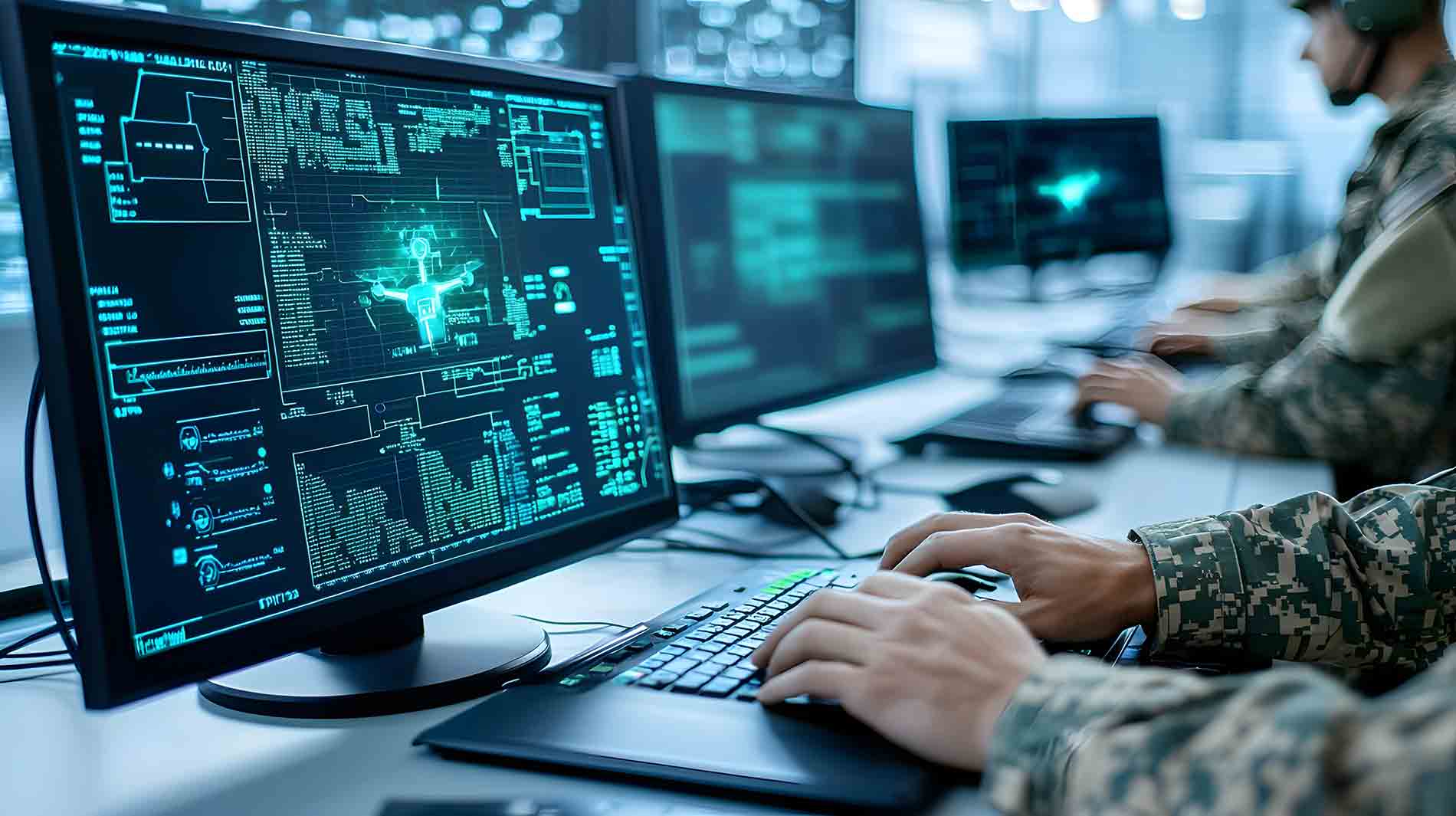 Laptop with hands, showing technological screens - Defence