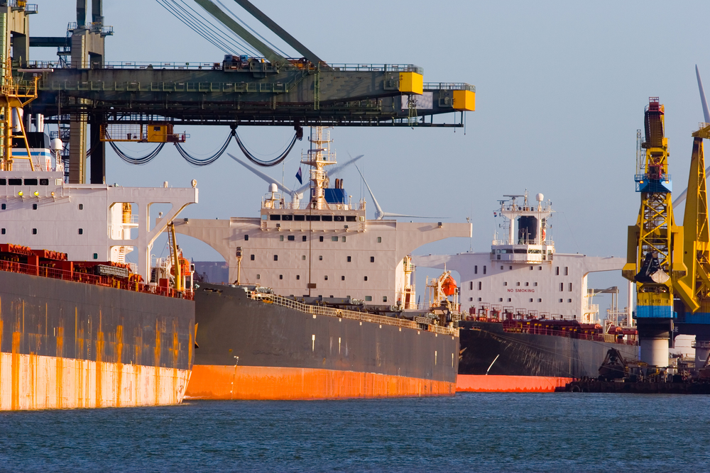 An image of a row of large container ships docked in a harbour with cranes in the background