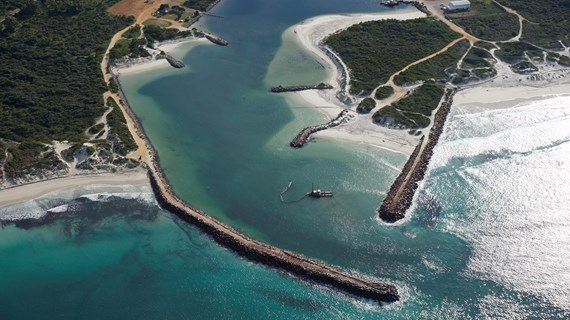 An aerial view of the entrance to a port