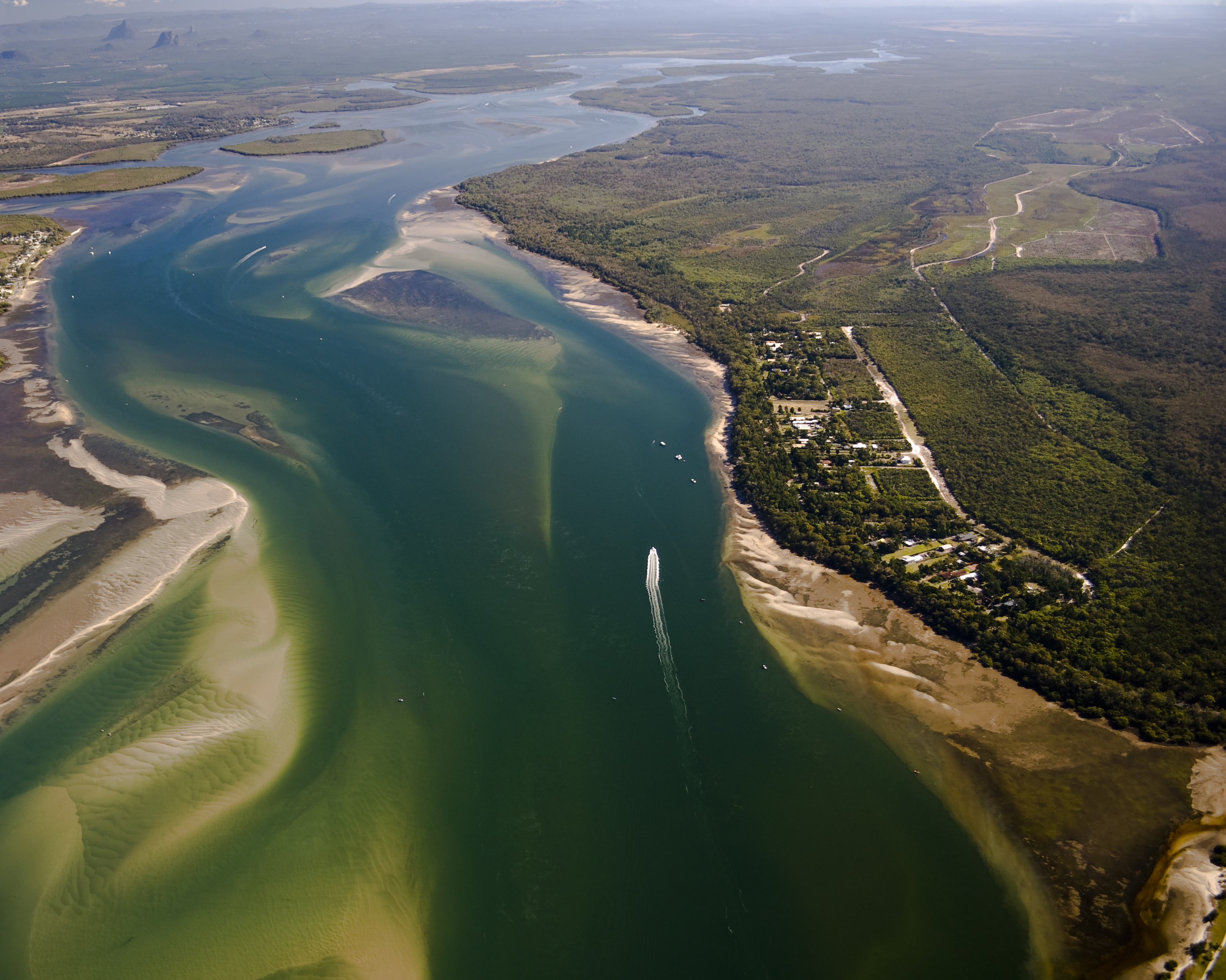 An aerial view of an estuary
