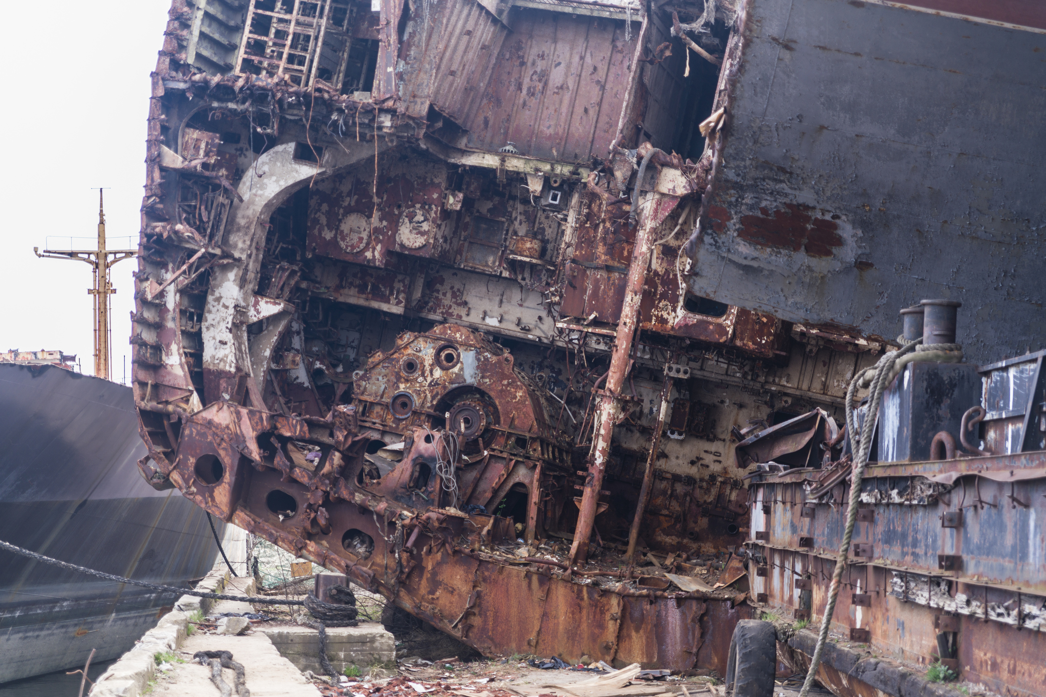 The retired old Soviet military ship disassembling on the boat graveyard in Baltiysk