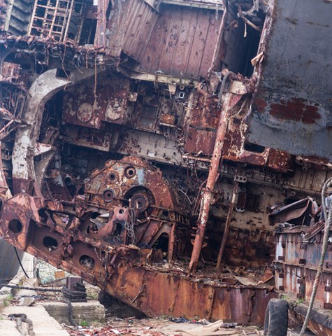 The retired old Soviet military ship disassembling on the boat graveyard in Baltiysk