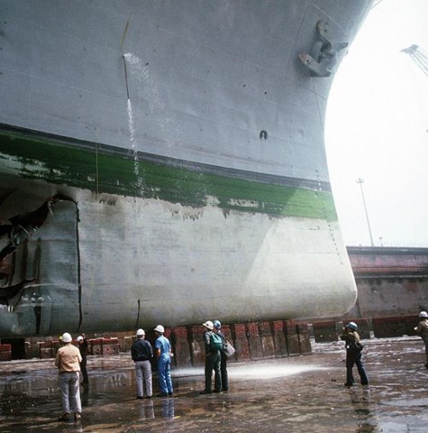 Ship hull in dry dock