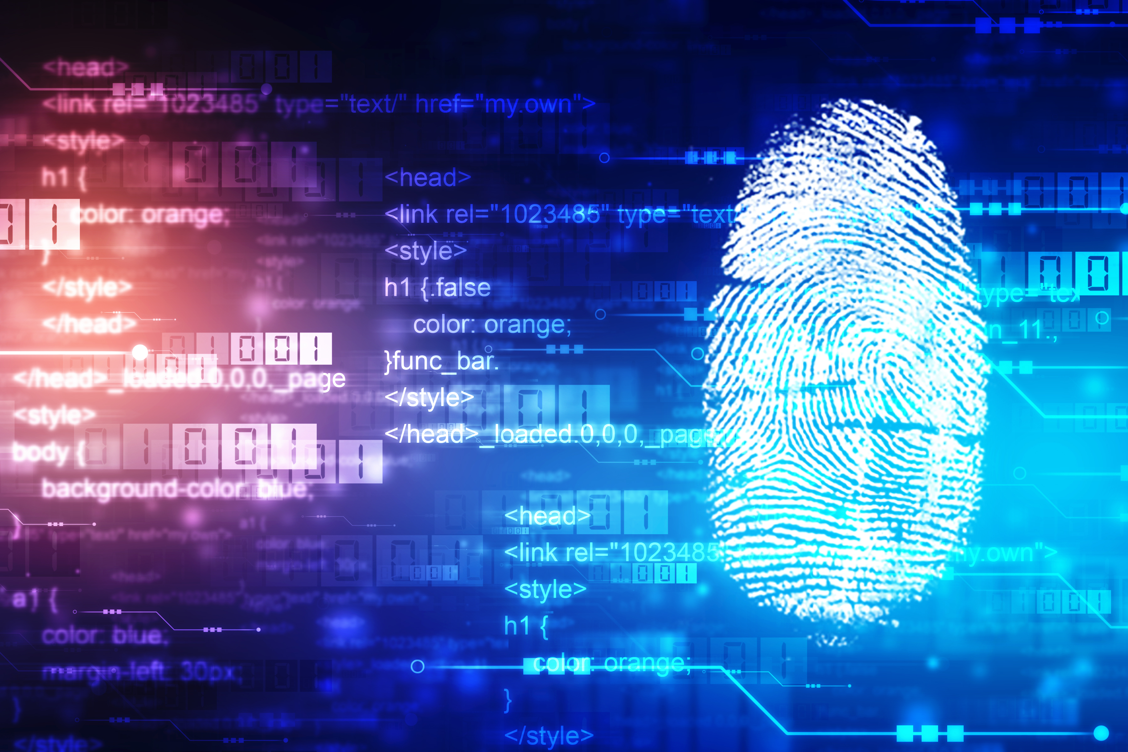A picture of a finger print against a digital background of data