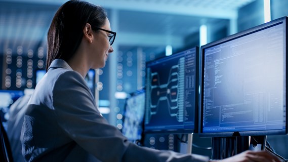 Image of a woman looking at data on a computer screen