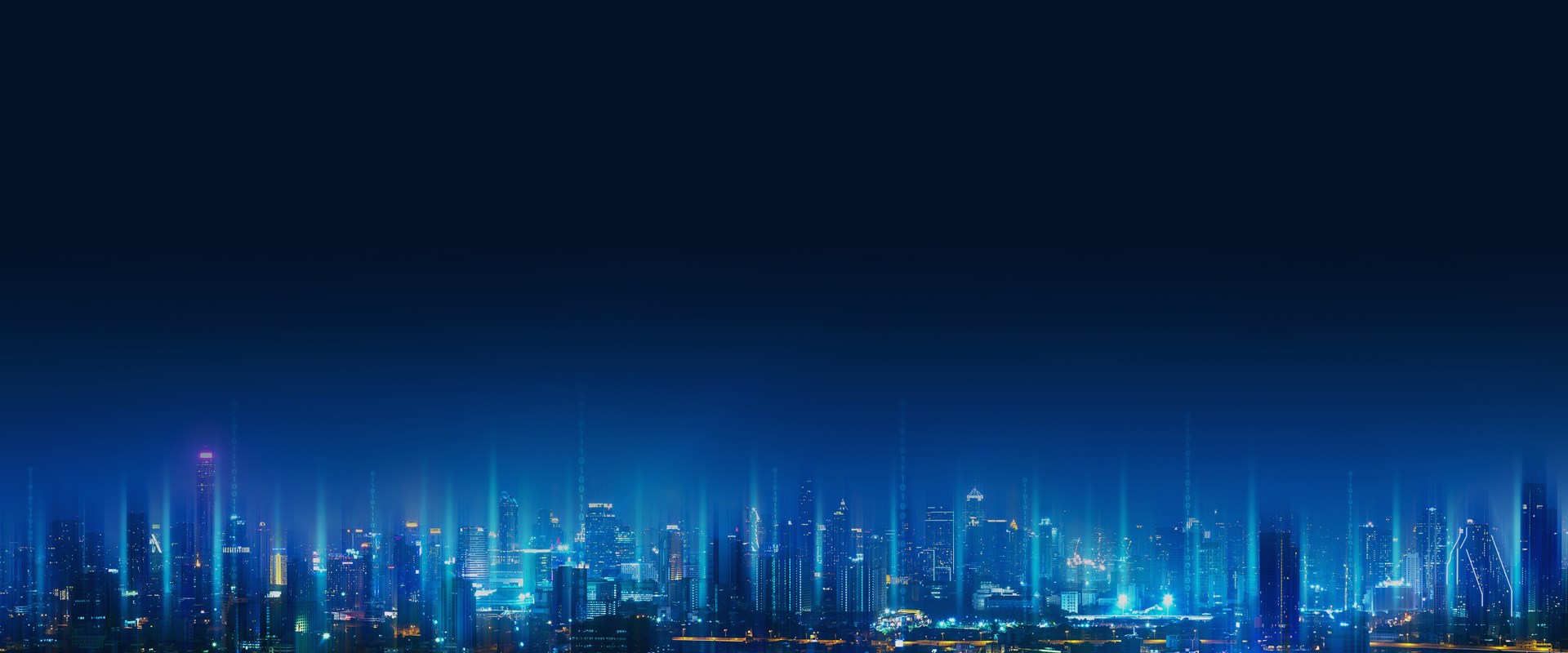 An image of a city skyline with data lights rising in to the sky at night