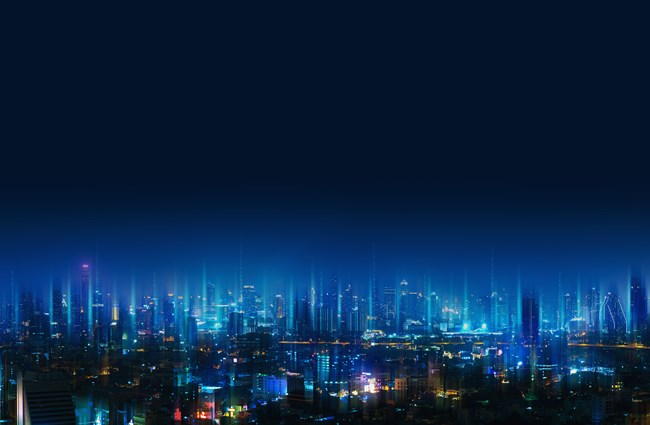 An image of a city skyline with data lights rising in to the sky at night