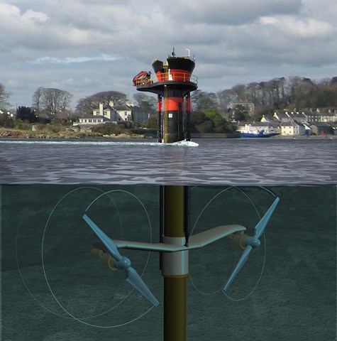 An image of a marine current turbine in the sea with graphic below the water line to show the workings