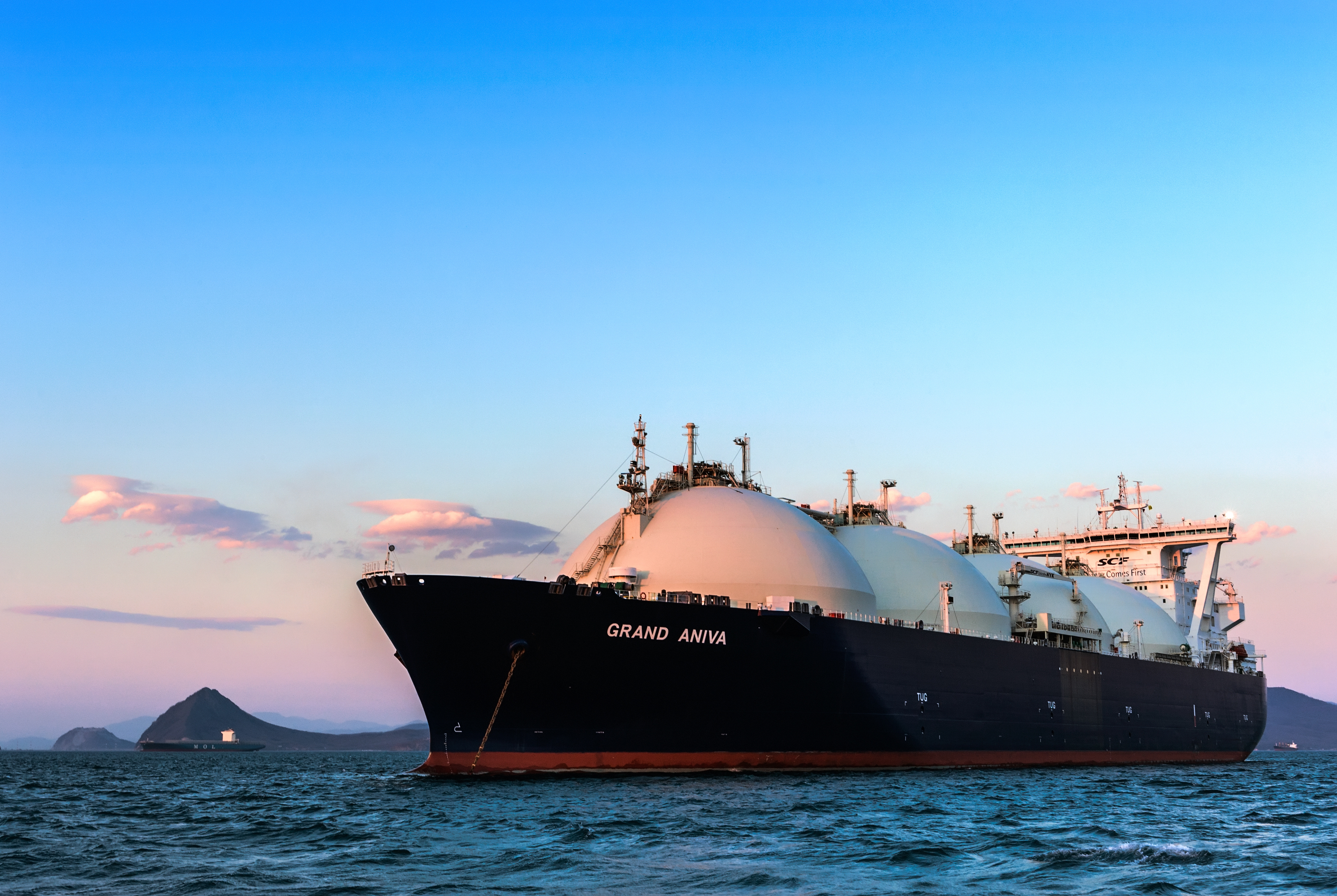 LNG Carrier Grand Aniva At Sunset On The Roads Of The Port Of Nakhodka