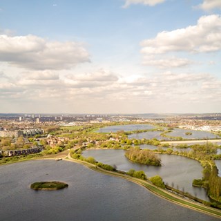 An aerial image of Waltham Forest lakes in London