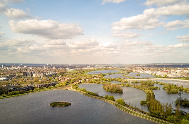 An aerial image of Waltham Forest lakes in London