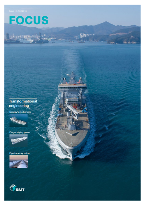 An image of the front cover of our magazine Focus the theme of which is Transformation Engineering with image showing of an aerial shot of a ship at sea