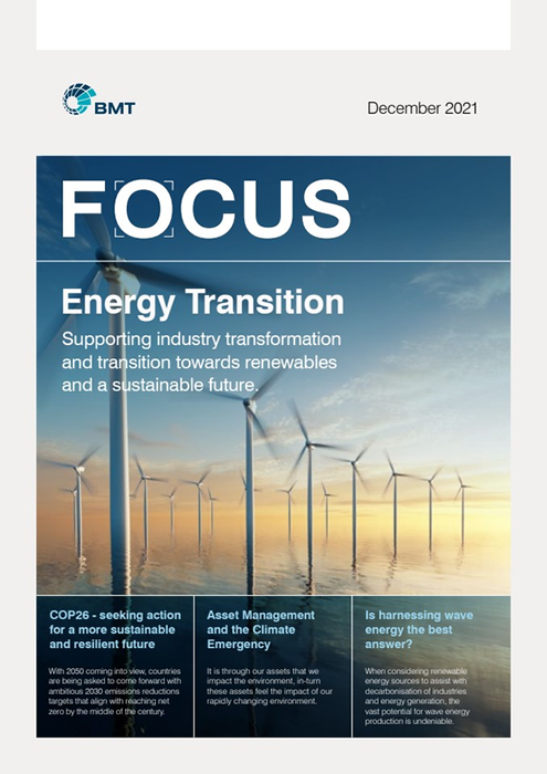 An image of the front cover of our magazine Focus the theme of which is Energy Transition with image showing a wind farms at sea