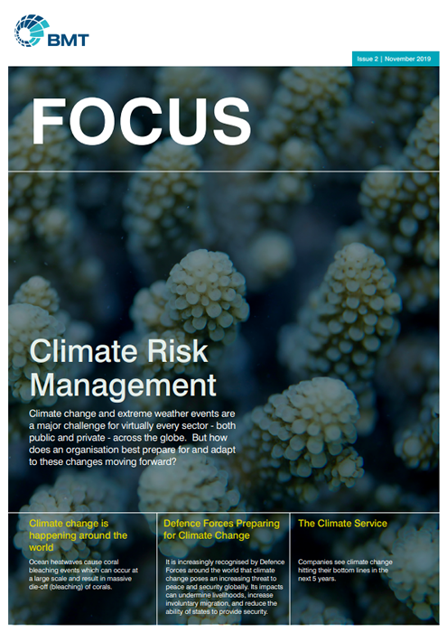 An image of the front cover of our magazine Focus the theme of which is Climate Risk Management with image showing a coral reef