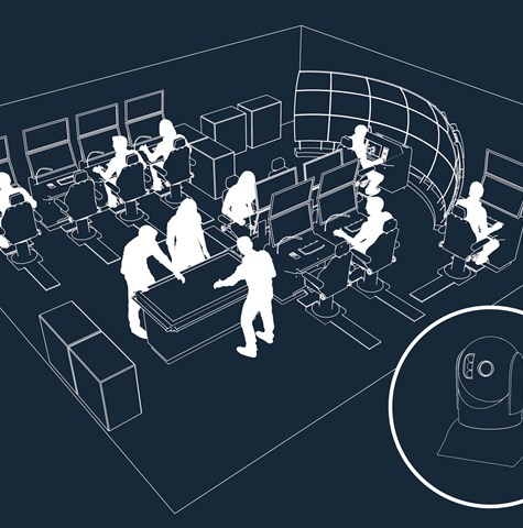 Illustration of a warship vessel control room, the image is schematic like with a black and white rendering of people gathering and making decisions
