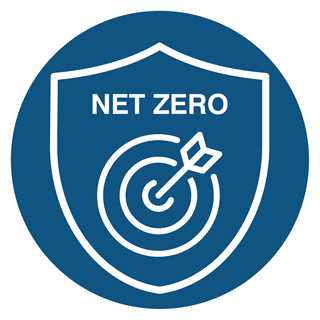 An icon showing a target inside a shield with an arrow in the centre and the title Net Zero