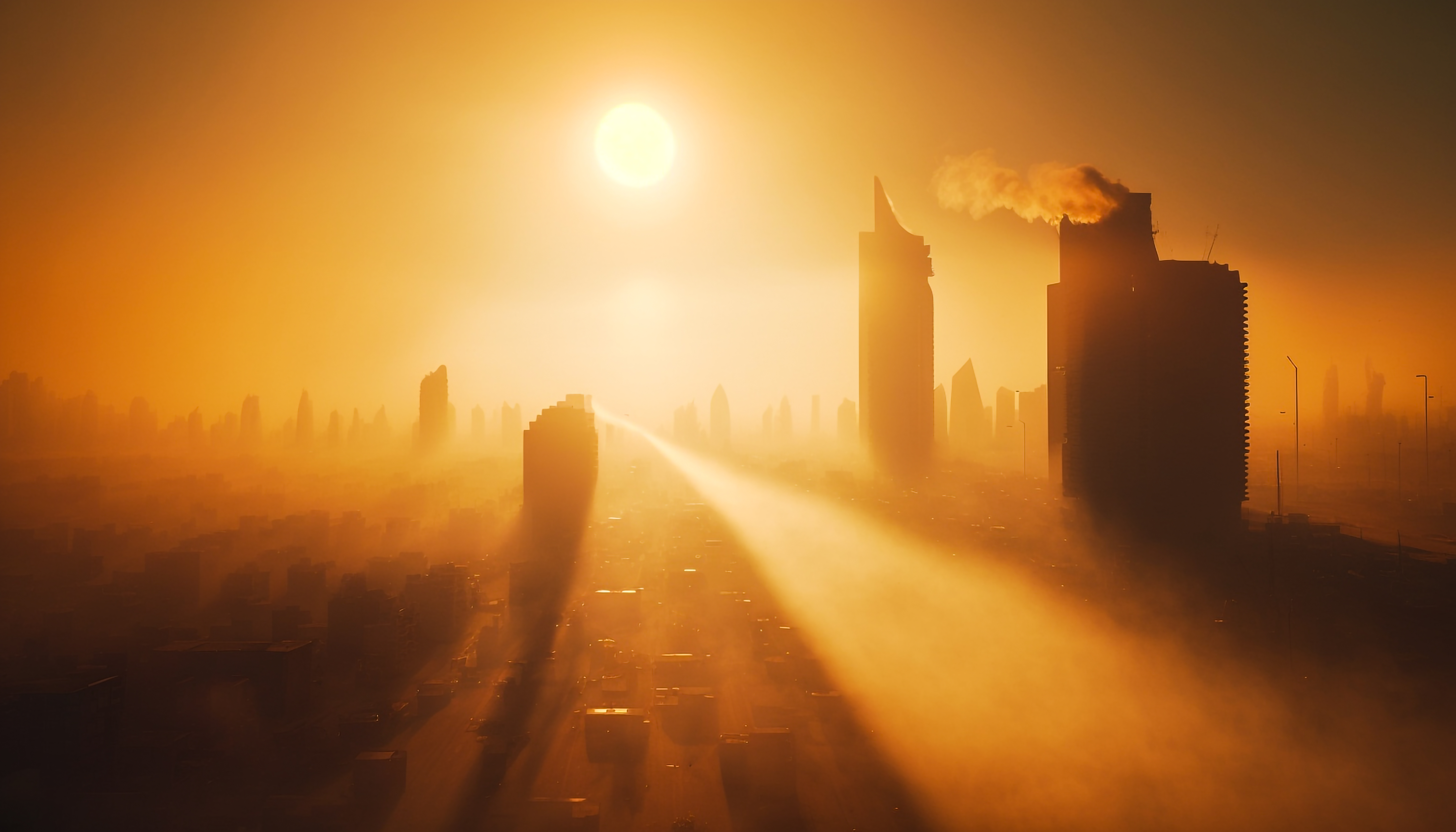 A hazy cityscape with bright sunshine